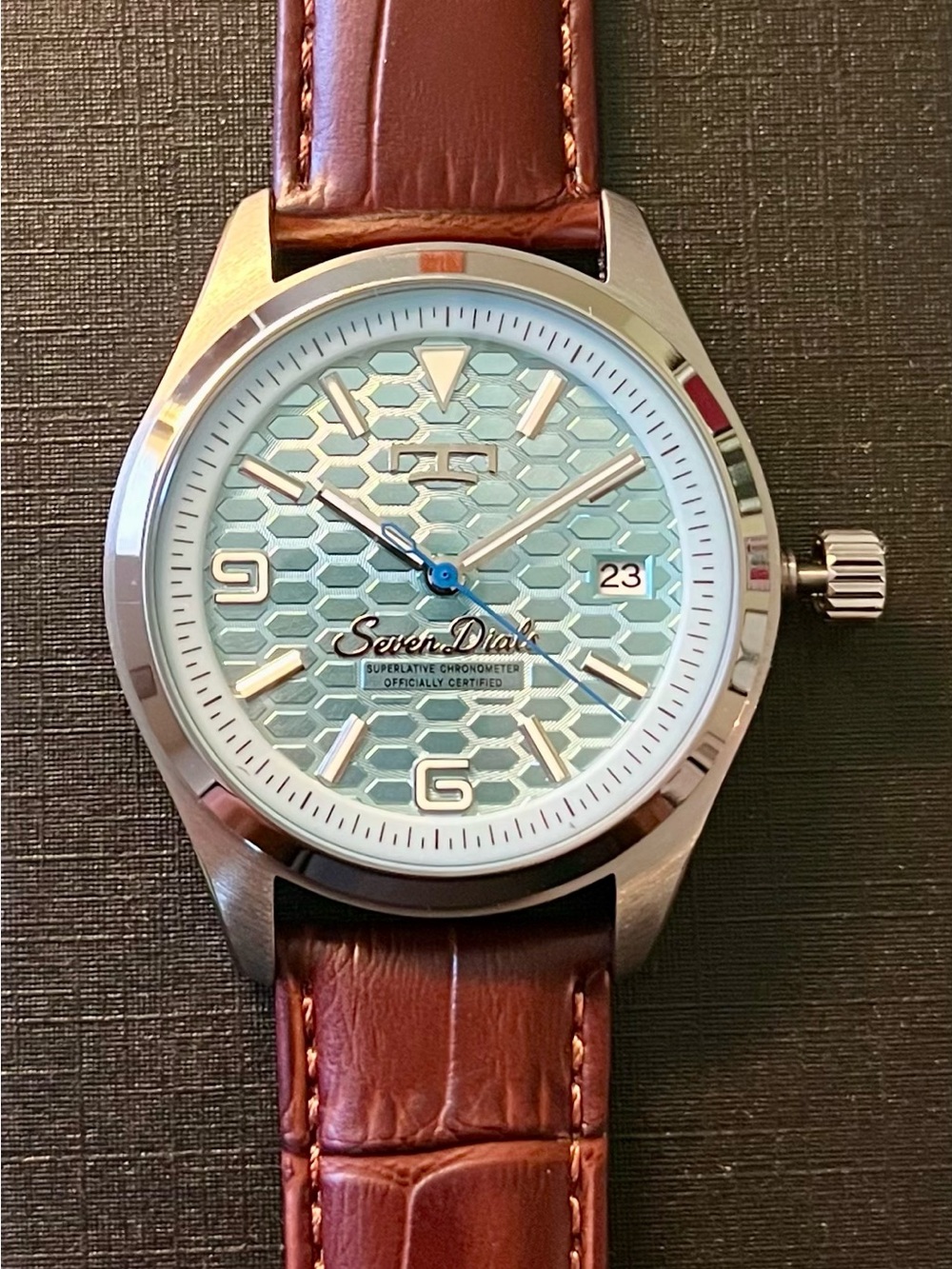 Seven Dials: Men’s Watch with Light Blue Honeycomb Dial and Brown Leather Strap